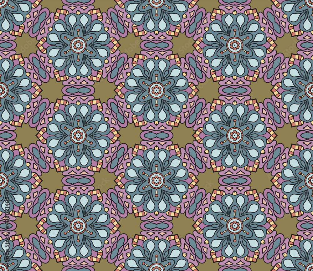 Abstract colorful doodle flower seamless pattern. Floral background. Mosaic, tile of thin line ornament.