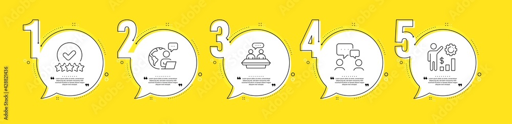 Rating stars, Employees talk and People chatting line icons set. Timeline process infograph. Employees wealth sign. Verified rank, Collaboration, Conference. Results chart. Technology set. Vector - obrazy, fototapety, plakaty 
