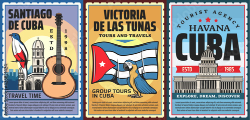 Cuba and havana vacation travel tours vector retro banners. Cuban trogon bird, catholic church and classical guitar, cuba national flag, macaw parrot and capitol building. Tourist agency trip poster