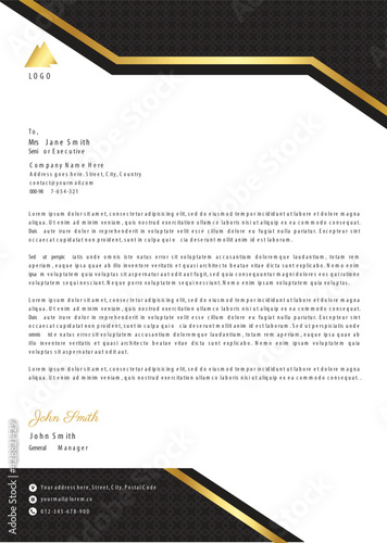 Letterhead template. Business letterhead template. Black gold with ornament pattern shapes. Ready to Print.