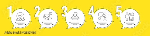 Rating stars, Employees talk and People chatting line icons set. Timeline process infograph. Employees wealth sign. Verified rank, Collaboration, Conference. Results chart. Technology set. Vector