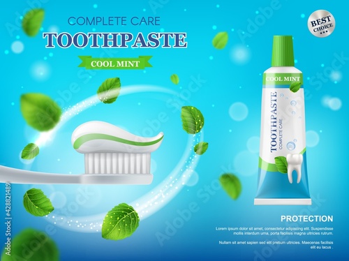 Toothpaste, toothbrush and mint leaves vector promotion poster. Realistic 3d tube of dental care toothpaste, healthy tooth and brush with white and green paste swirl on blue sparkling background