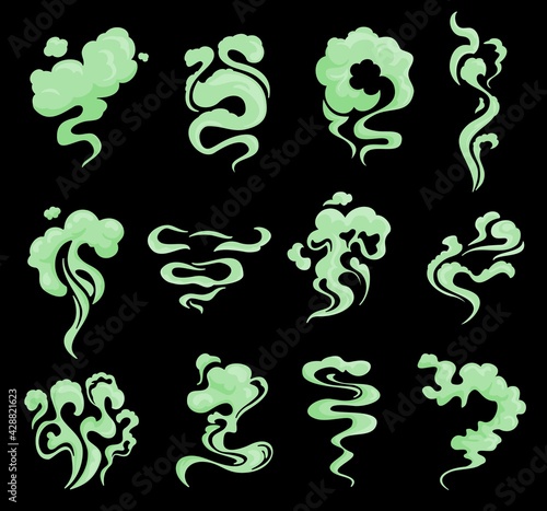 Cartoon green bad smell, smoke and toxic clouds, vector stench or stink isolated set. Disgusting stinky breathing, fart, spoiled rotten food odor. Curly fume trails, garbage comics vapor on black