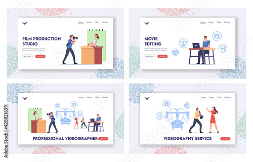 Professional Videographer Landing Page Template Set. Television Crew Characters Recording Video Program on Camera