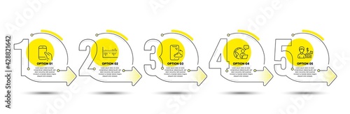 Hold smartphone, Smartphone cloud and Column diagram line icons set. Timeline process infograph. Business growth sign. Phone call, Phone backup, Sale statistics. Earnings results. Business set. Vector