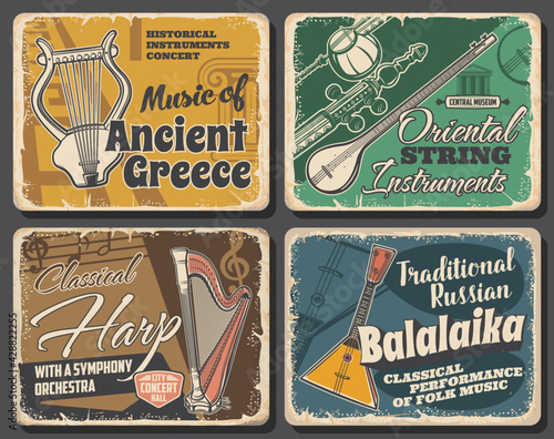 Folk and national music instruments retro vector banners. Oriental string instruments, music of ancient greece and russian balalaika performance, harp concert vintage poster. Tanbur and lyre