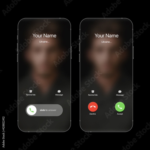 iPhone Call Screen Concept UI Set with Realistic Blurry Background. Incoming Call Screen Template