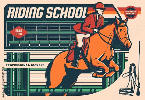 Horse with jockey jumping over hurdle. Equestrian sport, riding school, dressage and jumping show vector retro poster. Racehorse with rider, saddle, whip and harness on hippodrome race track or arena