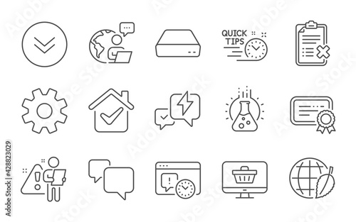 Mini pc, Project deadline and Scroll down line icons set. Web shop, Lightning bolt and Reject checklist signs. Quick tips, Service and Speech bubble symbols. Line icons set. Vector