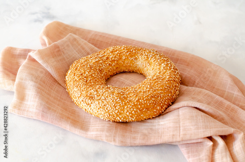 Turkish bagel fast food Simit. Turkish traditional pastries with sesame seeds. View from above.