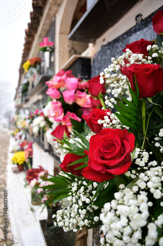 Rosas rojas en una lápida en un cementerio