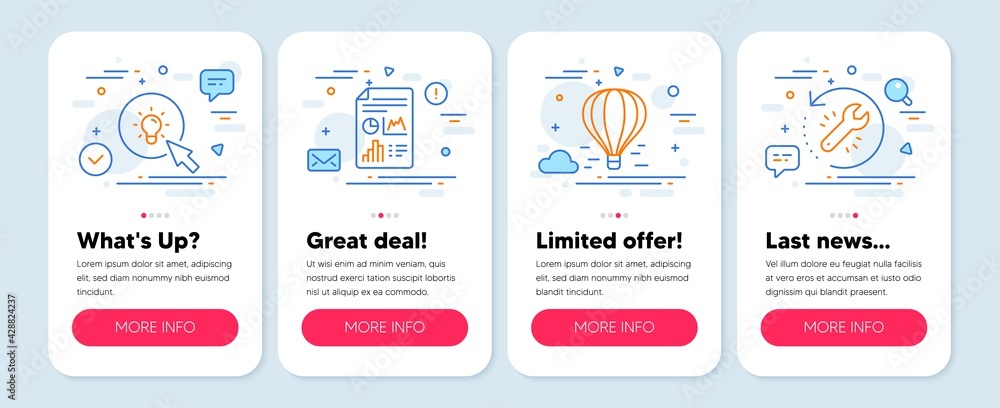 Set of Business icons, such as Report document, Energy, Air balloon symbols. Mobile app mockup banners. Recovery tool line icons. Growth chart, Turn on the light, Flight travel. Backup info. Vector Set of Business icons, such as Report document, Energy, Air balloon symbols. Mobile app mockup banners. Recovery tool line icons. Growth chart, Turn on the light, Flight travel. Backup info. Vector