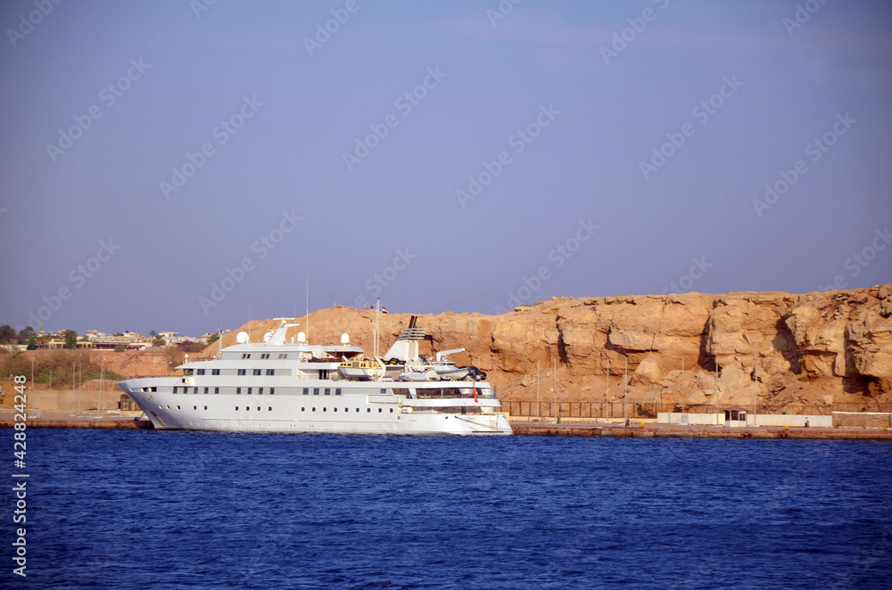 Sail boat ship with tourists in Ras Mohamed National Park in the Red Sea, Sharm El Sheikh, Egypt \