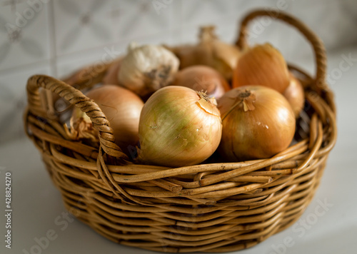 Onion Basket on Kitchen Table Fene Galicia Spain