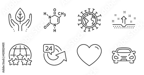 Chemical formula, Heart and Rating stars line icons set. Car, 24 hours and Coronavirus signs. Clean skin, Fair trade symbols. Chemistry, Love feelings, Internet rank. Quality line icons. Vector