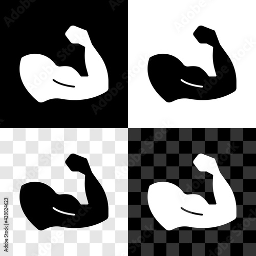 Set Bodybuilder showing his muscles icon isolated on black and white, transparent background. Fit fitness strength health hobby concept. Vector