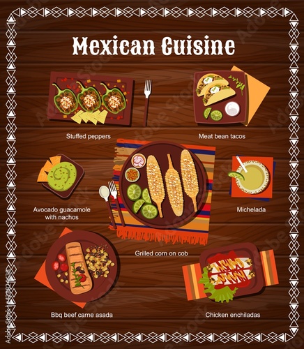 Mexican cuisine restaurant dishes and drinks vector menu. Stuffed peppers, meat bean tacos and avocado guacamole with nachos, Michelada cocktail and grilled corn, Carne Asada beef, chicken enchiladas