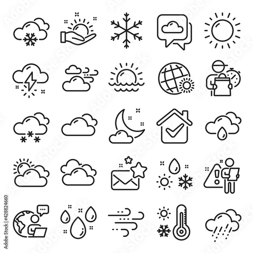 Weather and forecast line icons. Cloudy sky, winter snowflake, thermometer. Moon night, rain and sunset icons. Weather temperature, meteorology forecast and wind, thunder bolt. Line icon set. Vector