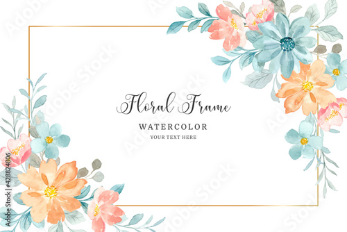 Watercolor floral frame. Green pink flower background