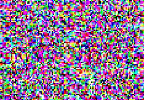 Screen color pixels glitch, video signal transfer error, corrupted or damaged digital file and data read problem artifacts graphic effect. Television signal loss, broken TV display abstract background