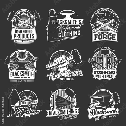 Blacksmithing and forging tools, equipment and clothing shop vector icons. Blacksmith workshop, ironwork vintage emblem. Sledgehammer in men hand, horseshoe and anvil, pliers and tongs, bellows, apron