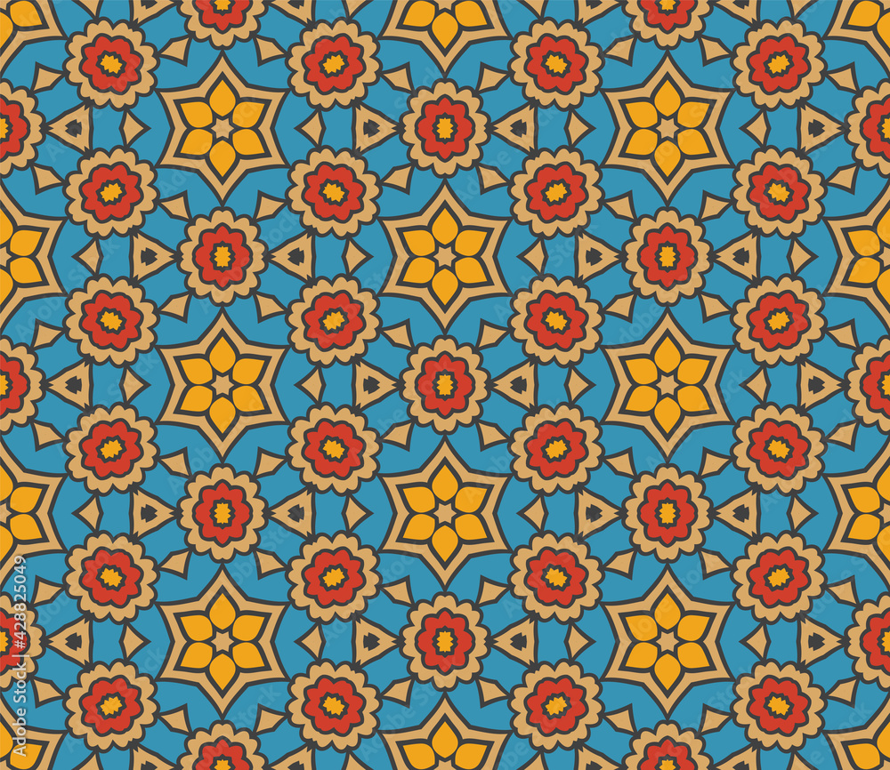 Abstract colorful doodle star seamless pattern. Snowflake background. Mosaic, tile of thin line ornament.