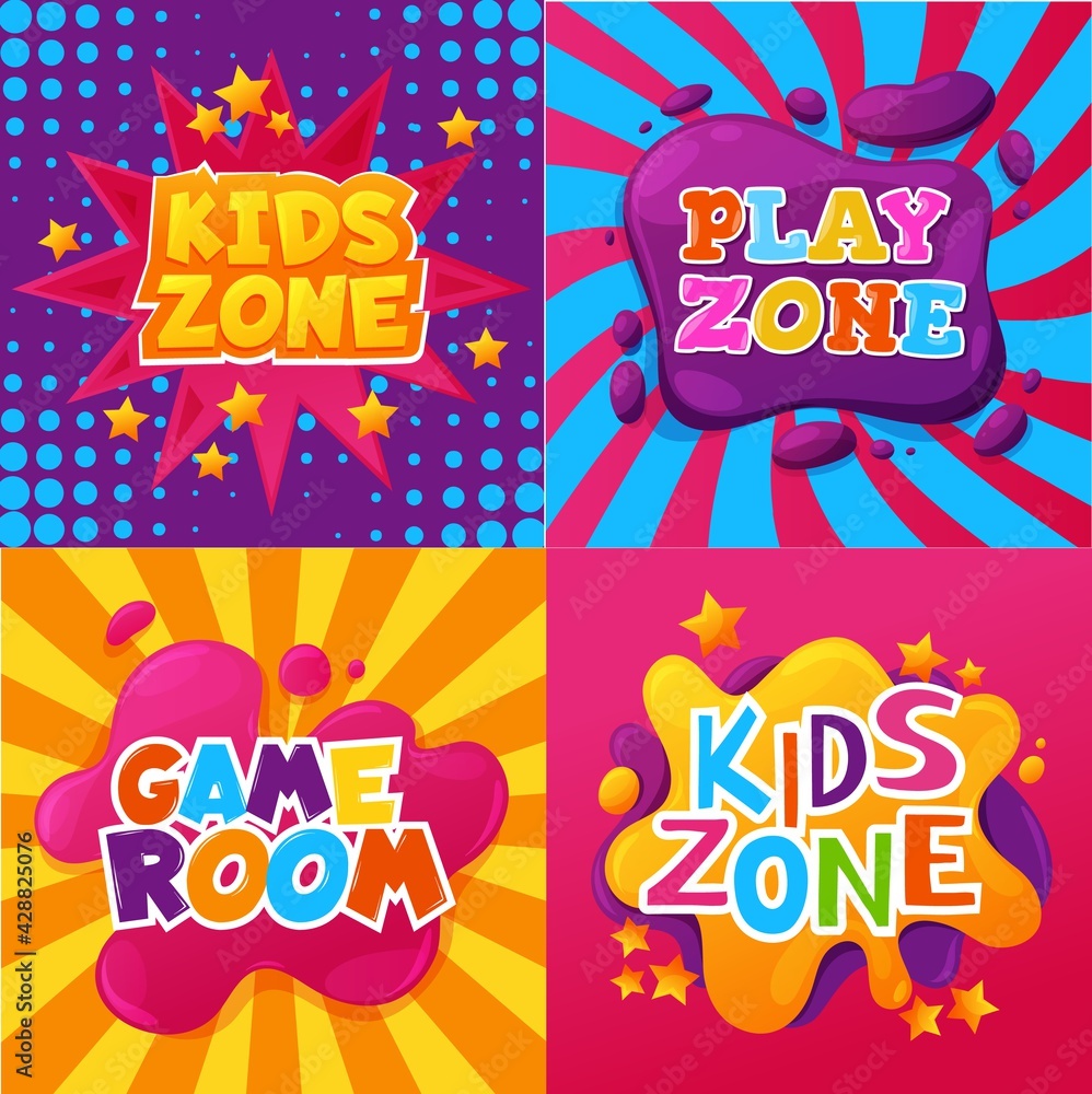 Kids zone, game and play room, child playground signs, vector posters