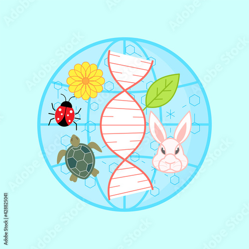 DNA icon surrounded with plant and animal symbols on the globe background as a gimmick of biodiversity. Vector illustration outline flat design style.