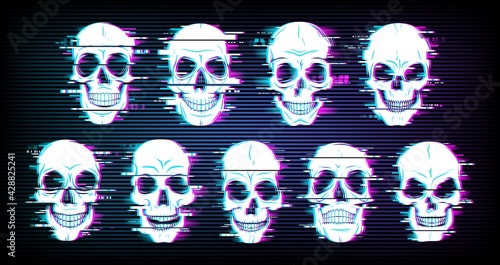 Glitch skulls vector distorted neon glowing pixelized craniums or jolly roger. Trippy digital art, horror, dead heads on black background. Television messy distortion or vhs tape glitch effect