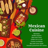 Mexican cuisine food menu vector cover. Meat and bean tacos, chicken enchiladas and grilled corn, Carne Asada beef, avocado guacamole and stuffed peppers, coffee or cacao, michelada
