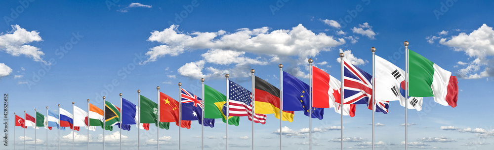 Waving flags countries of members Group of Twenty. Big G20, in Rome, the capital city of Italy, on 30–31 October 2021. 3d Illustration. Isolated on sky background. Waving flags countries of members Group of Twenty. Big G20, in Rome, the capital city of Italy, on 30–31 October 2021. 3d Illustration. Isolated on sky background.
