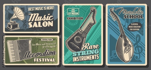 Music instruments posters retro, concert festival and orchestra, classic and folk music sound, vector. Rare music instruments salon shop and museum, accordion festival and folk music school
