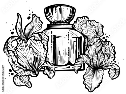 Perfume bottles with iris flowers around, momochrome vector photo
