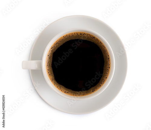 Black coffee in a coffee cup isolated on a white background,Top view,clipping path.
