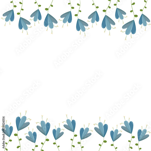 Beautiful cute floral frame for greeting card design. Blue summer or spring bright flowers in flat style. Mother's Day, March 8, Birthday. Concept for wedding invitations. Many flowers grow in a row.