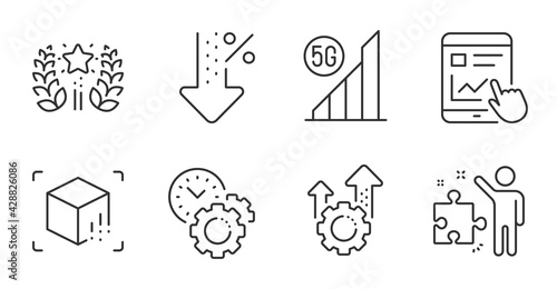 Strategy, Time management and 5g wifi line icons set. Seo gear, Ranking and Augmented reality signs. Internet report, Low percent symbols. Business plan, Settings, Wireless signal. Vector