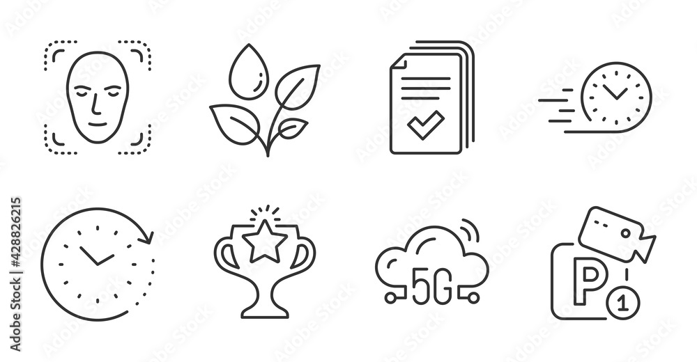 Fototapeta premium Time change, Plants watering and Handout line icons set. Victory, Face detection and Parking security signs. Fast delivery, 5g cloud symbols. Clock, Water drop, Documents example. Vector
