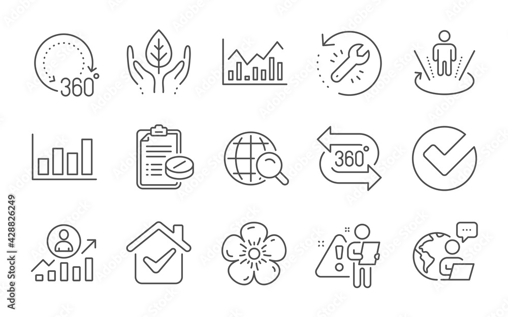 Infochart, 360 degrees and Report diagram line icons set. Medical prescription, Career ladder and Verify signs. Internet search, Augmented reality and 360 degree symbols. Line icons set. Vector Infochart, 360 degrees and Report diagram line icons set. Medical prescription, Career ladder and Verify signs. Internet search, Augmented reality and 360 degree symbols. Line icons set. Vector