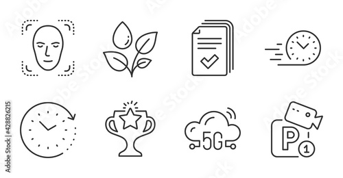 Time change, Plants watering and Handout line icons set. Victory, Face detection and Parking security signs. Fast delivery, 5g cloud symbols. Clock, Water drop, Documents example. Vector