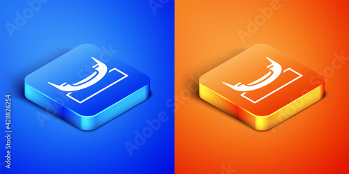 Isometric Boat swing icon isolated on blue and orange background. Childrens entertainment playground. Attraction riding ship, swinging boat. Amusement park. Square button. Vector