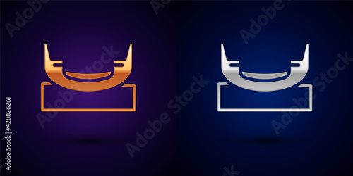 Gold and silver Boat swing icon isolated on black background. Childrens entertainment playground. Attraction riding ship, swinging boat. Amusement park. Vector