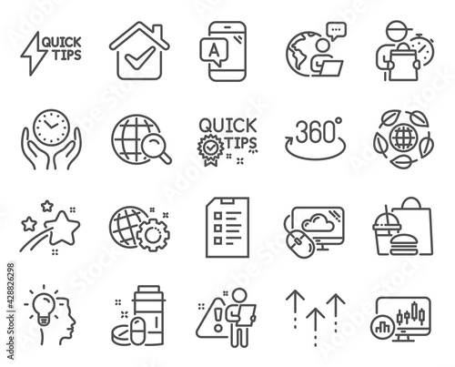 Science icons set. Included icon as Internet search, Swipe up, Safe time signs. Ab testing, Idea, Cloud computing symbols. Quick tips, Seo gear, Candlestick chart. Eco organic, Checklist. Vector