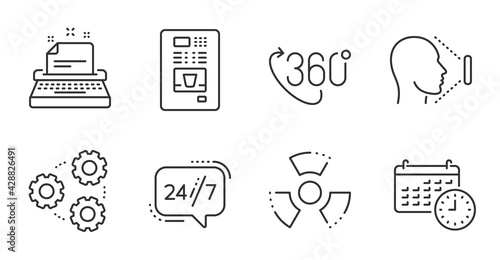 Calendar, 360 degree and Chemical hazard line icons set. Typewriter, 24h service and Gears signs. Face id, Coffee vending symbols. Time, Virtual reality, Toxic. Technology set. Vector
