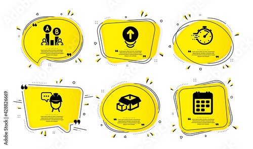 Foreman, Timer and Ab testing icons simple set. Yellow speech bubbles with dotwork effect. Packing boxes, Swipe up and Calendar signs. Engineer person, Deadline management, Test chart. Vector