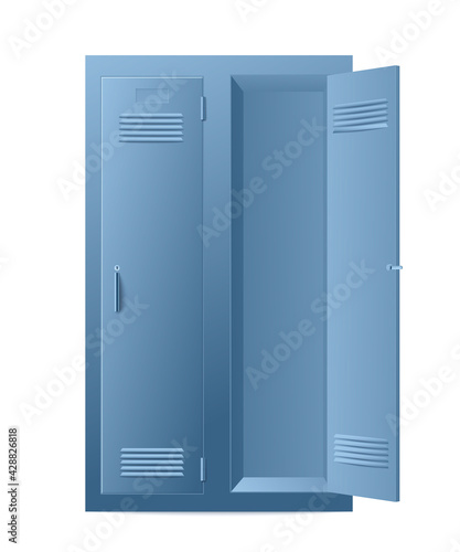 Two metal blue school or gym lockers with locks on open and closed doors