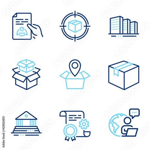 Industrial icons set. Included icon as Technical documentation, Buildings, Packing boxes signs. Construction document, Parcel tracking, Package location symbols. Court building, Parcel. Vector