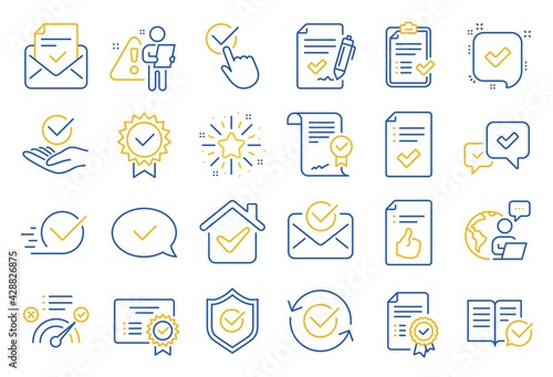 Approve line icons. Set of Checklist, Certificate and Award medal icons. Certified document, Accepted approve and Confirm mail. Guarantee, Check mark and Correct agreement. Checklist document. Vector