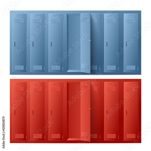 Blue and red metal school or gym lockers for storage of personal things.