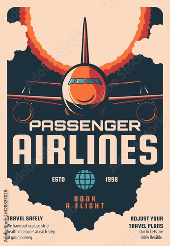 Passenger airlines flights booking service retro poster. Modern airliner, jet airplane flying in sky clouds front view engraved vector. International flights tickets offer promo vintage banner
