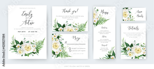 Vector watercolor floral wedding cards set  invite  thank you  menu  rsvp template. Yellow white roses  camellia flowers  dusty eucalyptus  green forest fern leaves  herbs botanical bouquet decoration
